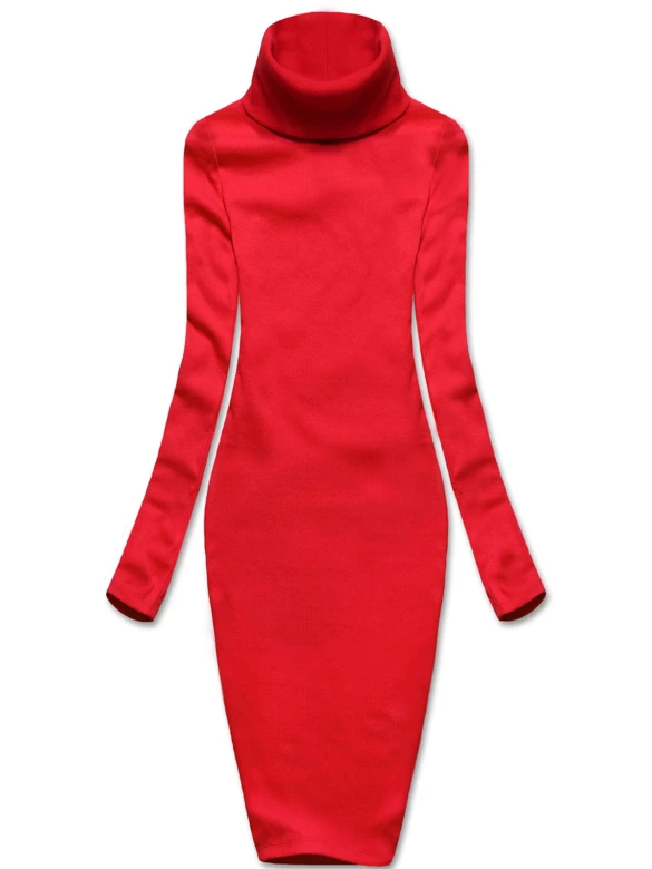 Czerwona, elegancka, prążkowana sukienka klasyczna, basic z golfem