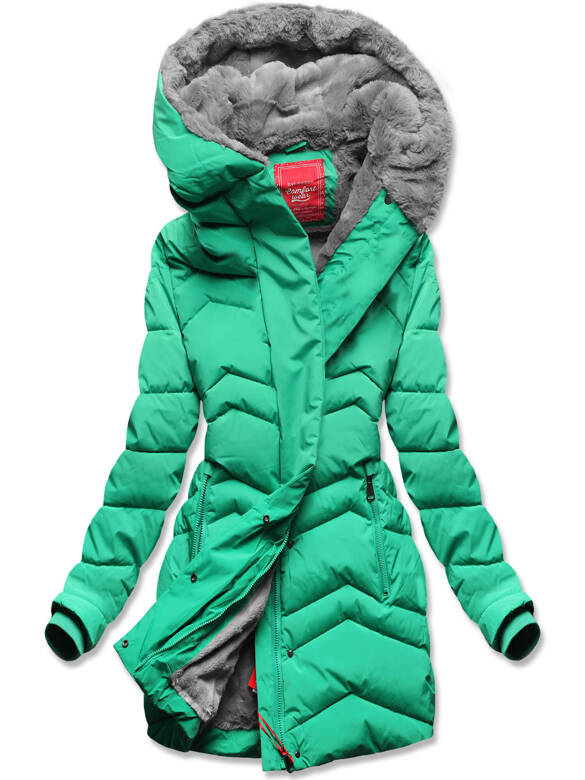Zielona pikowana zimowa kurtka ocieplana misiem