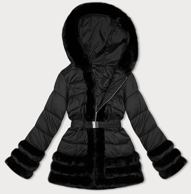 Czarna pikowana zimowa kurtka z ozdobnym futerkiem 