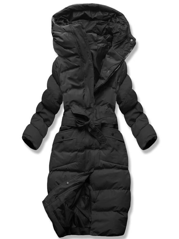 Czarna długa pikowana zimowa kurtka płaszczyk z kapturem