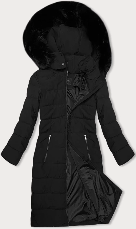 Czarna fenomenalna długa pikowana zimowa kurtka płaszczyk z kapturem
