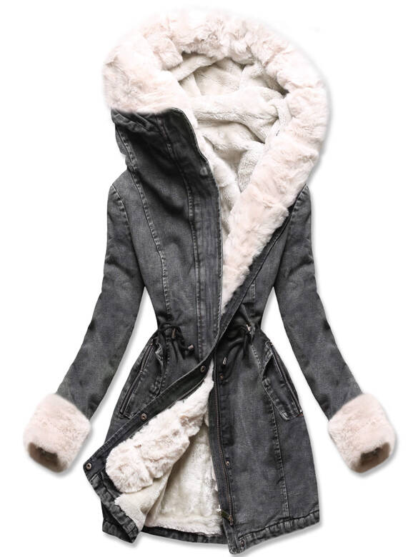 Czarna ecru jeansowa zimowa kurtka płaszczyk futro