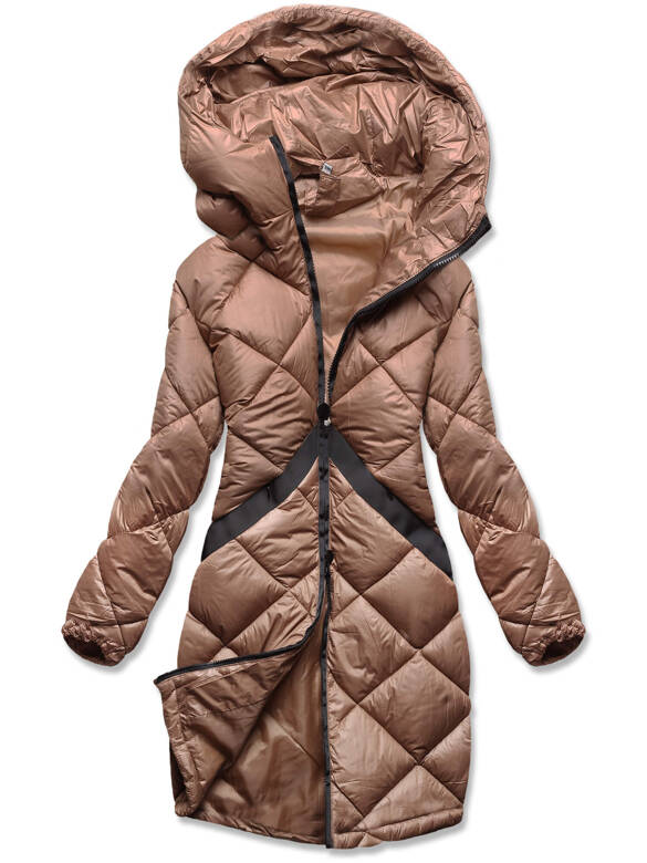 Karmelowa zimowa kurtka pikowana płaszczyk z kapturem
