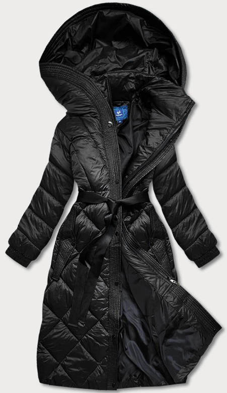 Czarna długa pikowana puchowa kurtka płaszczyk z kapturem