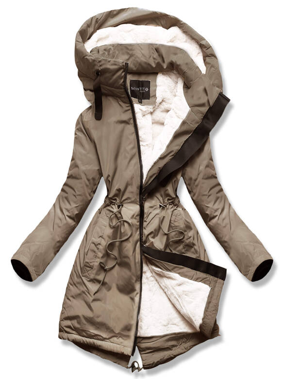 Karmelowa zimowa ciepła kurtka damska na futrze z kołnierzem