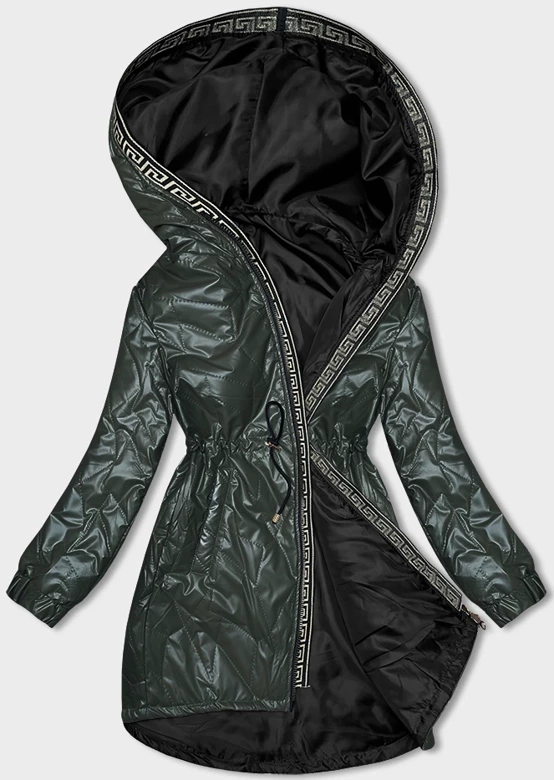 Zielona przejściowa kurtka damska z geometryczną lamówką