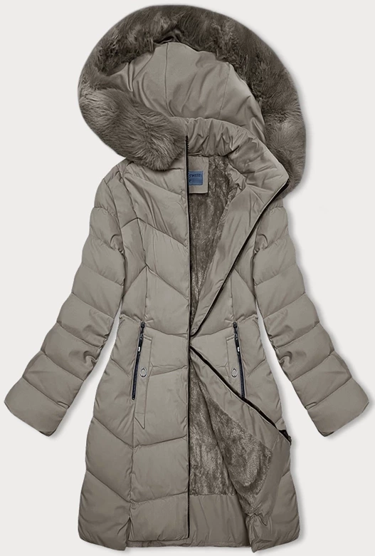 Beżowa ciepła zimowa kurtka damska na futrzanej podpince