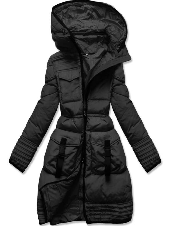 Czarna zimowa długa taliowana kurtka płaszczyk z kapturem 
