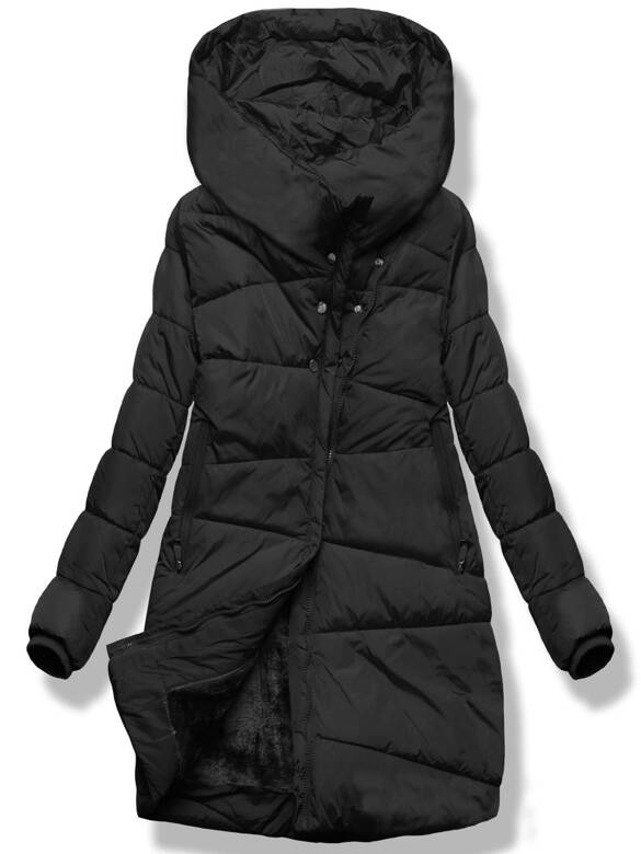 Czarna asymetryczna długa pikowana zimowa kurtka płaszczyk z kołnierzem