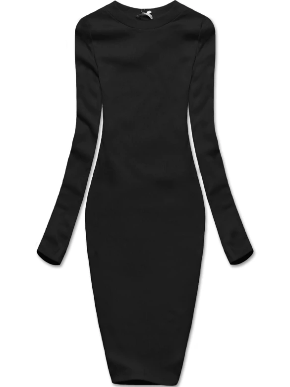 Czarna klasyczna, prążkowana sukienka, basic elegance z długim rękawem