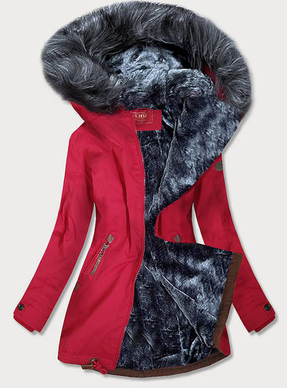 Czerwono szara zimowa cieplutka parka płaszcz