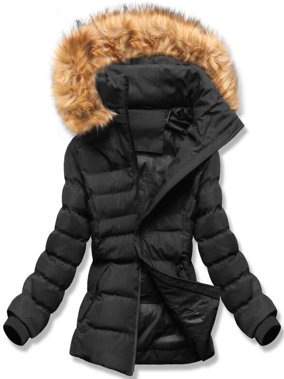 Czarna zimowa kurtka damska z futerkiem czarna