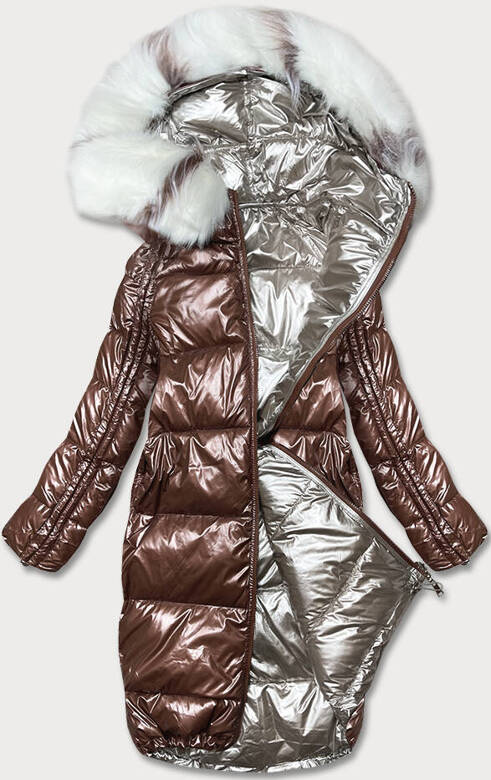 Brązowo beżowa błyszcząca kurtka płaszczyk z kapturem