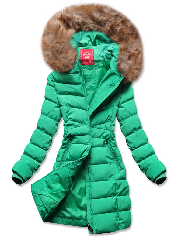 Zielona taliowana kurtka zimowa z kapturem