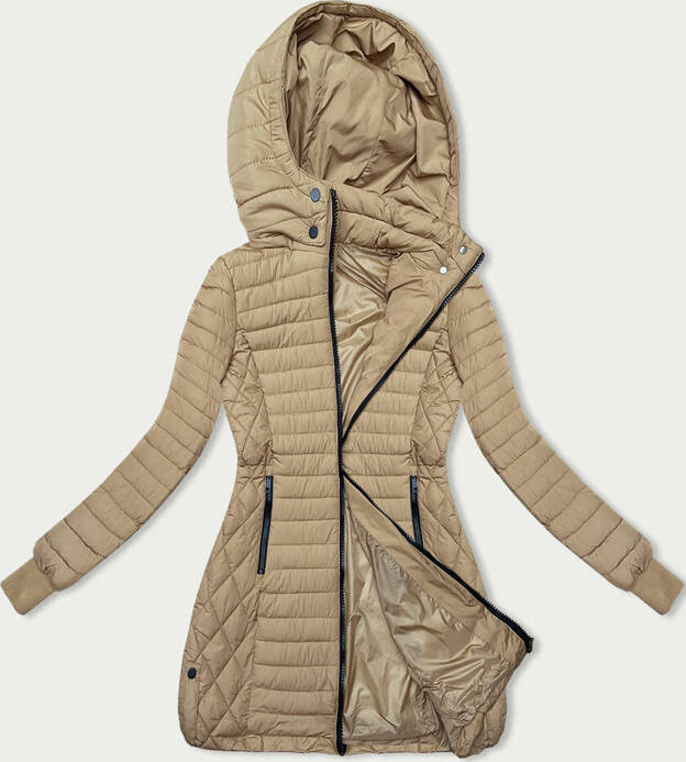 Piaskowa przejściowa długa pikowana kurtka płaszczyk z odpinanym kapturem