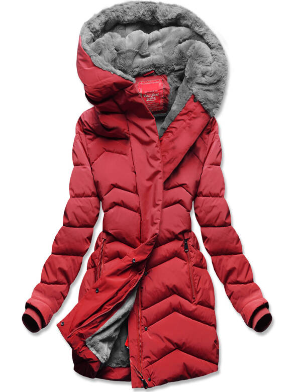 Czerwona pikowana zimowa kurtka ocieplana misiem