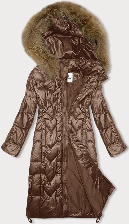 Karmelowa długa pikowana kurtka płaszczyk damski z kapturem