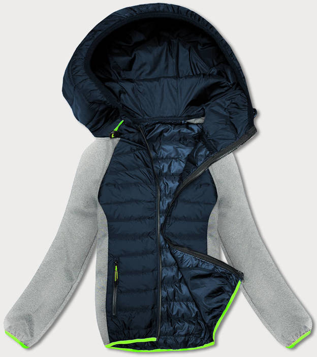 Granatowo szara sportowa zimowo-dresowa pikowana kurtka z kapturem 