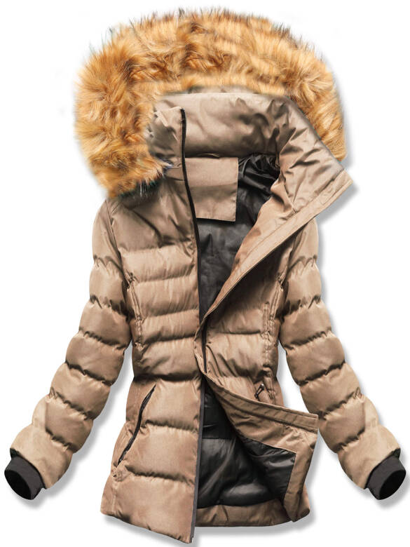 Beżowa zimowa kurtka damska z futerkiem czarna