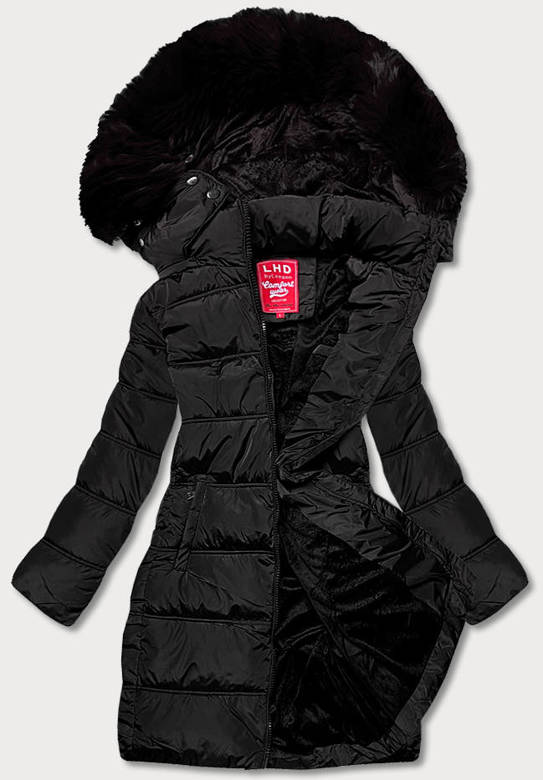 Czarna zimowa pikowana ocieplana kurtka płaszczyk z kapturem i futerkiem