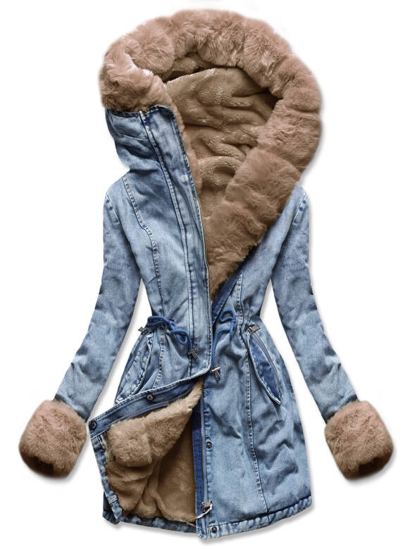 Niebieska beżowa jeansowa zimowa kurtka płaszczyk futro