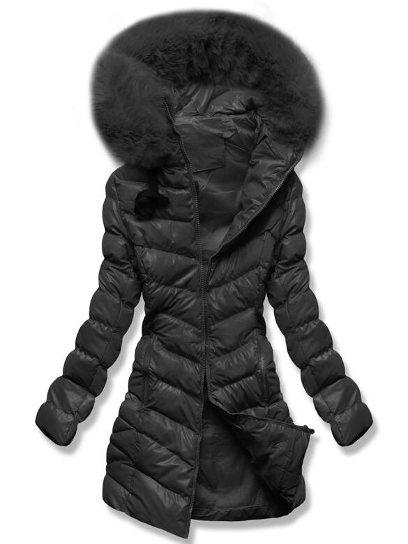 Czarna zimowa pikowana w jodełkę kurtka płaszczyk z kapturem 
