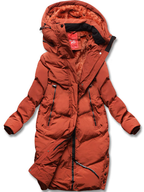 Czerwono brązowy długi płaszczyk kurtka zimowa - na ciepłym misiu z kapturem