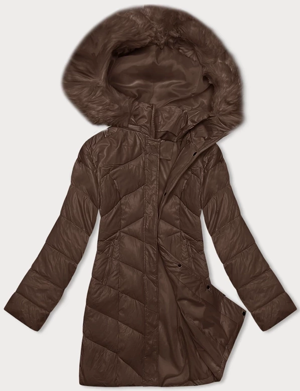 Jasnobrązowa kapitalnie pikowana zimowa kurtka z futerkiem 