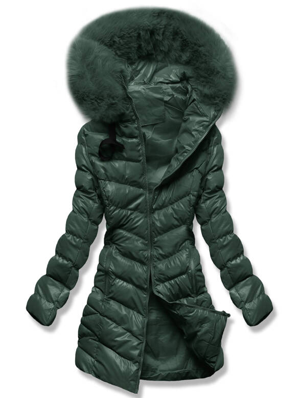 Ciemnozielona zimowa pikowana w jodełkę kurtka płaszczyk z kapturem