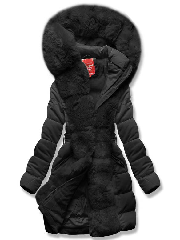 Czarna zimowa pikowana kurtka płaszczyk + futro