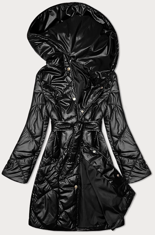 Czarna śliczna modna pikowana kurtka płaszcz damski z paskiem