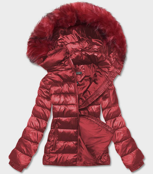 Czerwona krótka zimowa pikowana kurtka z kapturem