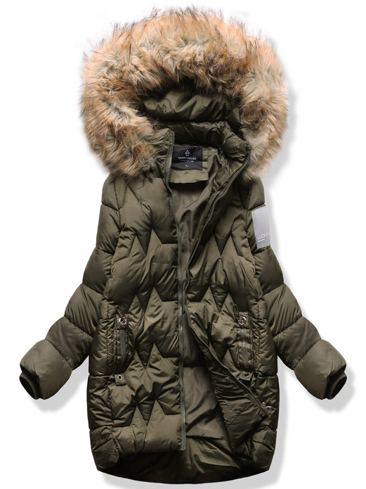 Khaki śliczna trapezowa pikowana zimowa damska kurtka z kapturem