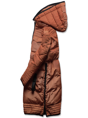 Brązowa zimowa długa taliowana kurtka płaszczyk z kapturem