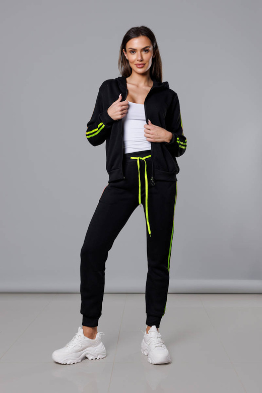 Czarno limonkowy dres komplet z kapturem z lampasami