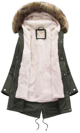 Ciemnozielona zimowa ciepła kurtka parka na futrze