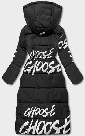 Czarno biała długa zimowa pikowana kurtka płaszczyk z napisami