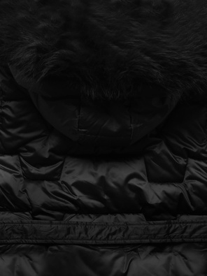 Czarna długa damska pikowana kurtka płaszcz z paskiem