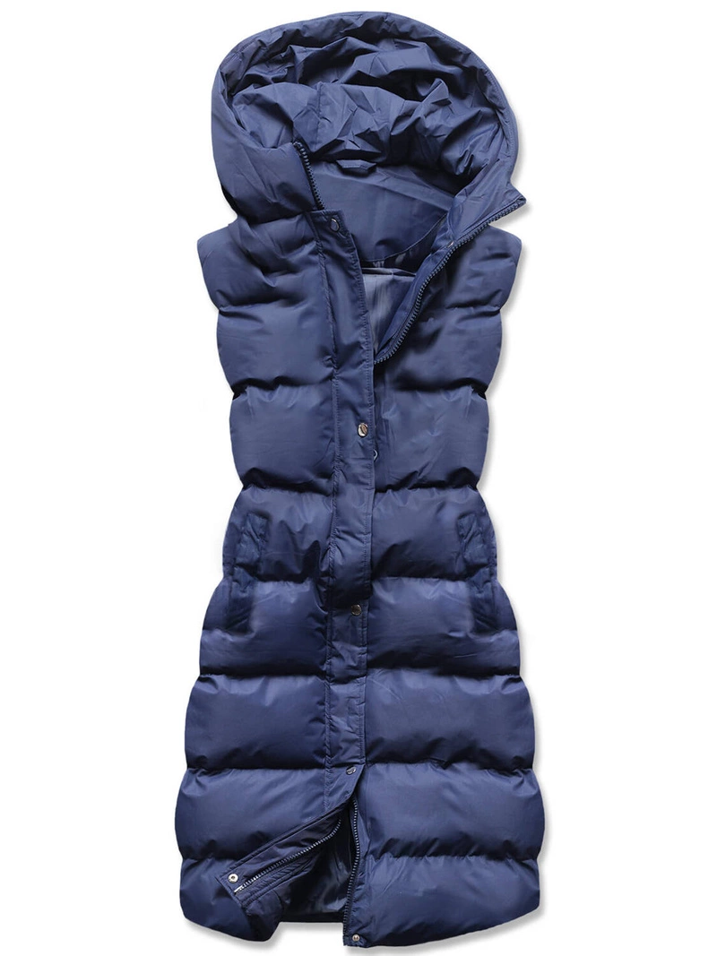 Granatowy pikowany bezrękawnik z kapturem