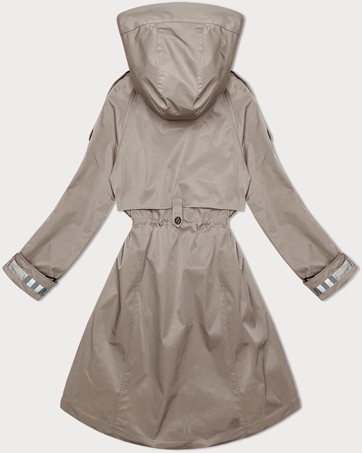 Ciemnobeżowy unikalny przejściowy płaszczyk damski parka z kapturem z motywem w kratę