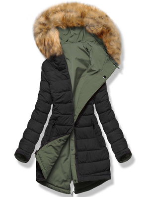 Khaki czarna długa dwustronna ciepła kurtka parka z kapturem z odpinanym futerkiem