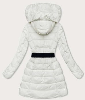 Ecru puchowa pikowana kurtka z kapturem i paskiem