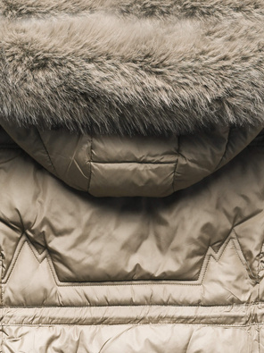 Beżowa długa zimowa unikalnie pikowana damska kurtka z kapturem