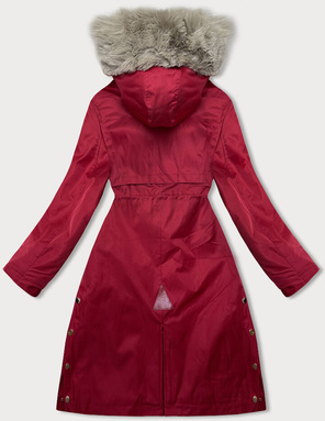 Czerwony zimowy płaszcz parka na futrze