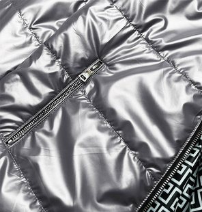 Szara dwustronna przejściowa kurtka damska z kapturem geometryczne wzory