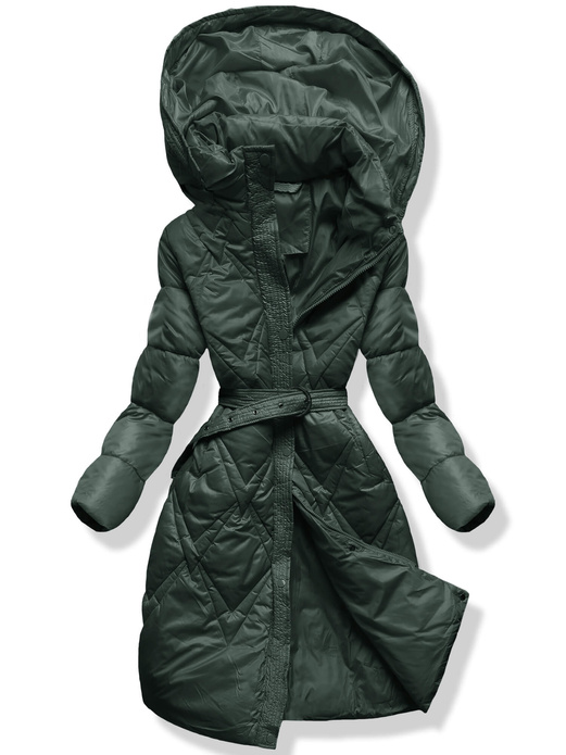 Zielony długi pikowany przejściowy płaszcz z kapturem