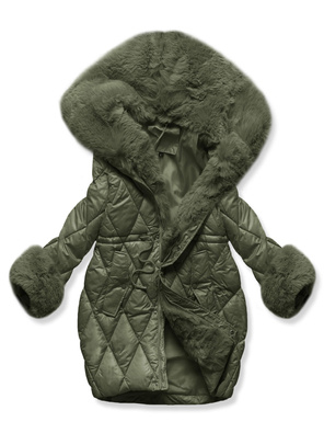 Khaki unikatowa damska kurtka zimowa z mega kołnierzem