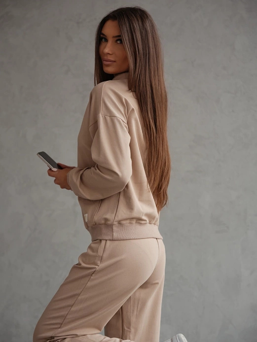 Beżowy czaderski damski dres komplet bluza stójka spodnie
