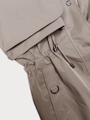 Ciemnobeżowy unikalny przejściowy płaszczyk damski parka z kapturem z motywem w kratę