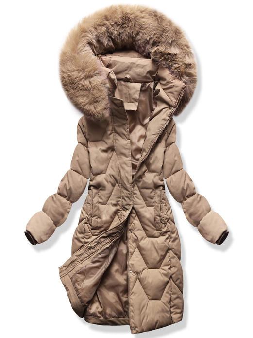 Beżowa damska zimowa kurtka z futrzanym kapturem